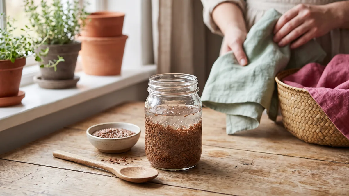 Frasco de vidrio con linaza remojada en agua, cuchara de madera y semillas sueltas sobre una mesa de cocina colombiana