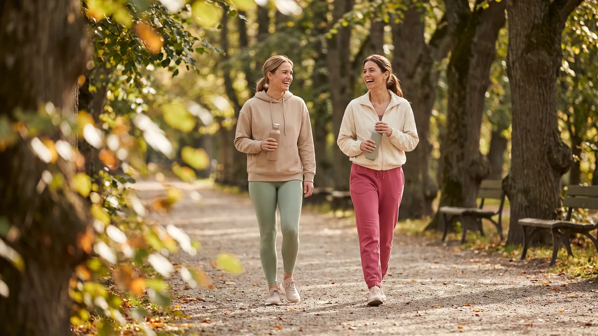 Dos amigas caminando por un sendero arborizado de un parque a media mañana, con ropa deportiva sencilla y botellas de agua