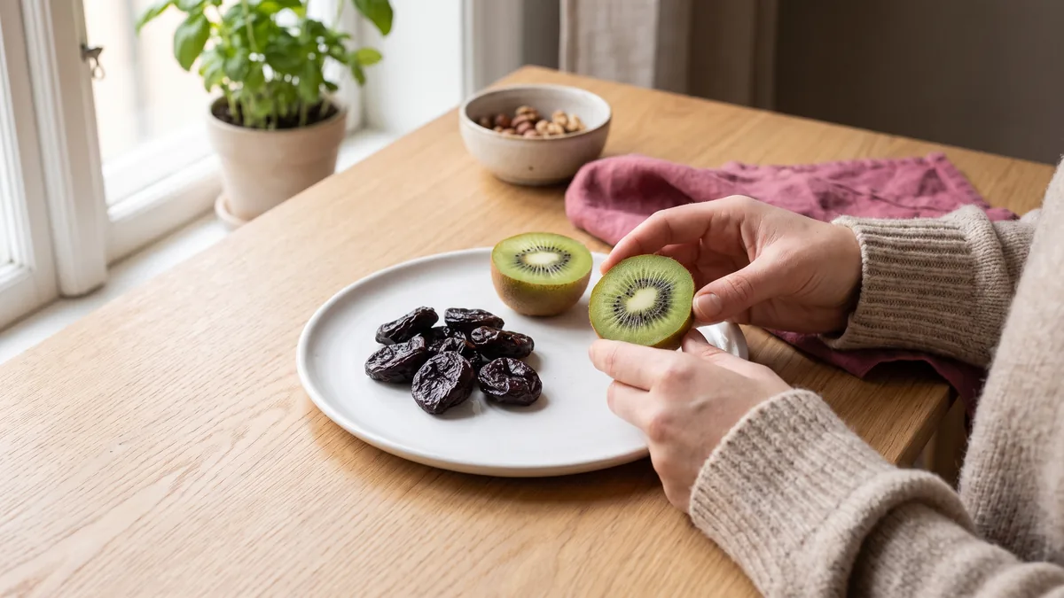 Plato blanco con ciruelas pasas y dos kiwis partidos por la mitad sobre una mesa de madera clara con luz de ventana