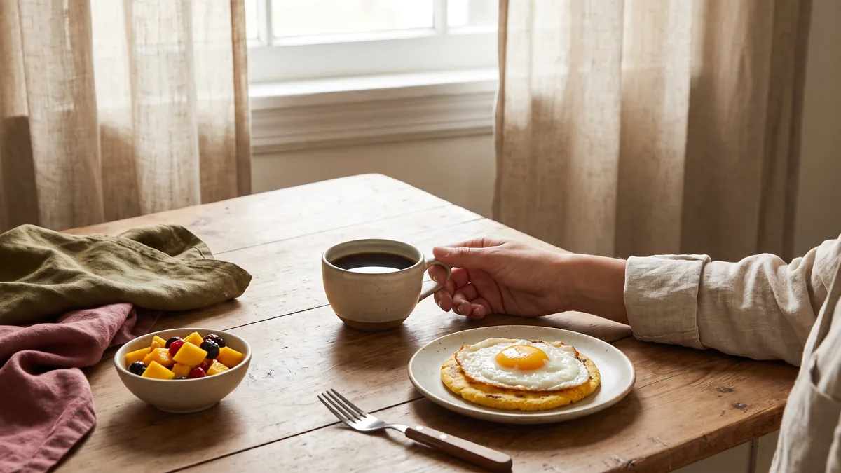 Desayuno colombiano sencillo en una mesa de cocina con luz de mañana: taza de tinto, arepa, huevo y fruta picada