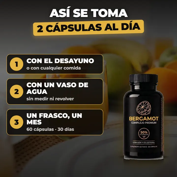 Así se toma: 2 cápsulas al día con el desayuno o cualquier comida, con un vaso de agua; un frasco de 60 cápsulas dura un mes