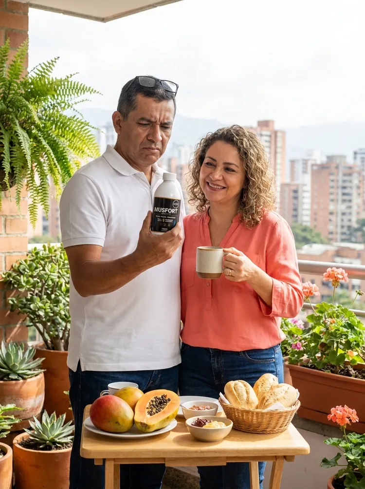 Una pareja de unos 50 años en el balcón de su apartamento: él sostiene un frasco de Musfort y ella una taza de café