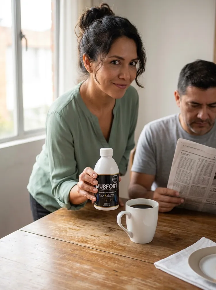Una mujer deja un frasco de Musfort junto a la taza de café de su esposo, que lee el periódico en la mesa del desayuno