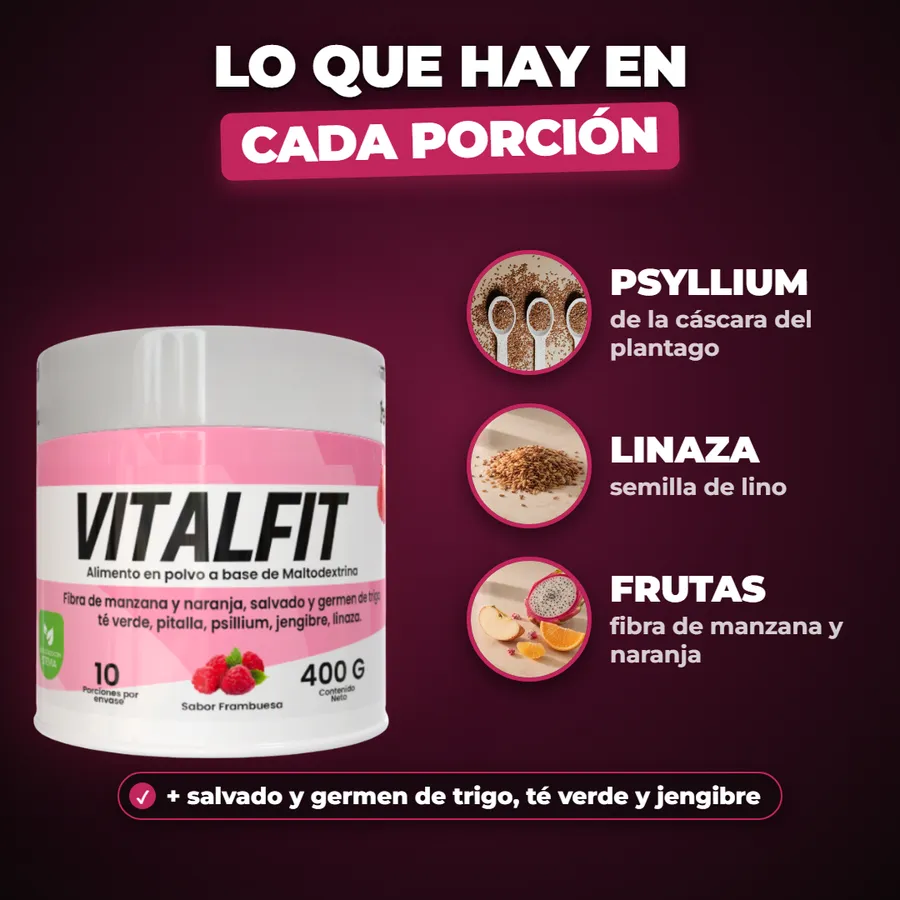 El tarro de Vitalfit junto a sus ingredientes: psyllium, linaza y fibra de manzana y naranja, más salvado y germen de trigo, té verde y jengibre