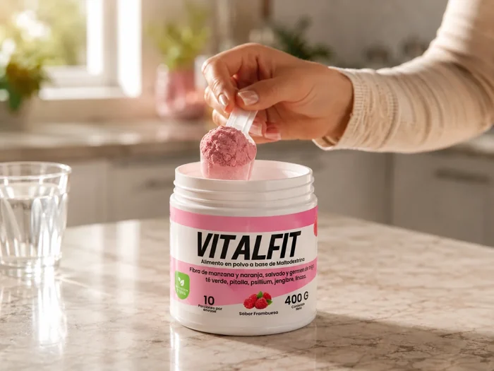 Una mano sacando una cucharada de polvo del tarro de Vitalfit