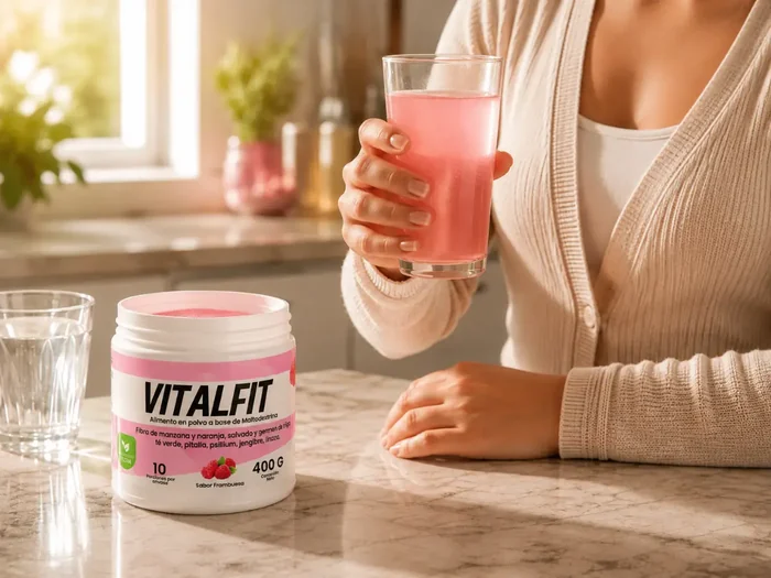 Mujer sosteniendo el vaso ya preparado, junto al tarro, en la cocina