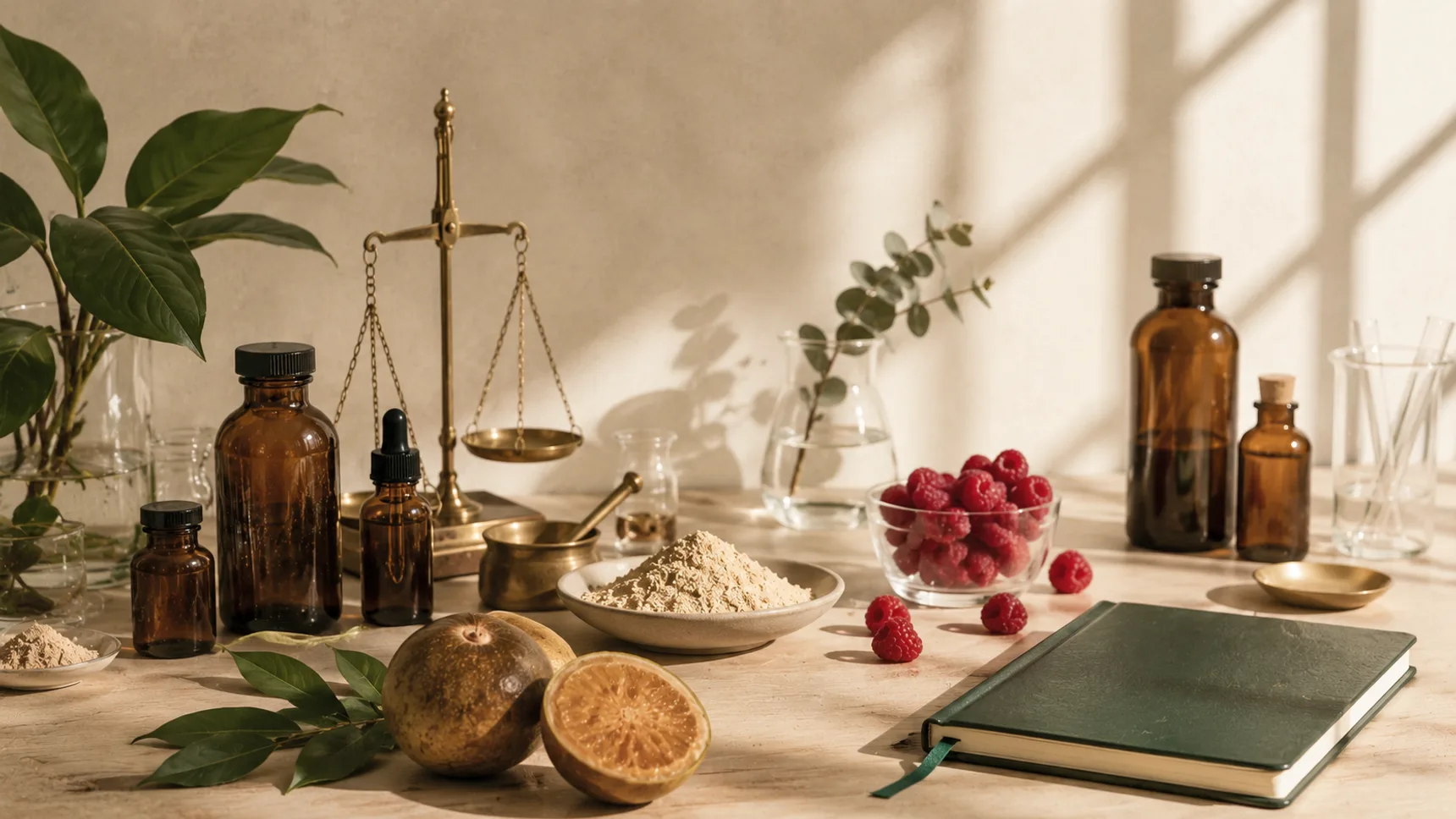 Mesa de trabajo del laboratorio Sebian Lab con ingredientes naturales colombianos: maca, borojó, frambuesas y frascos de fórmulas